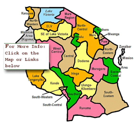 Map of the 27 ELCT dioceses across Tanzania, including Pare Diocese
